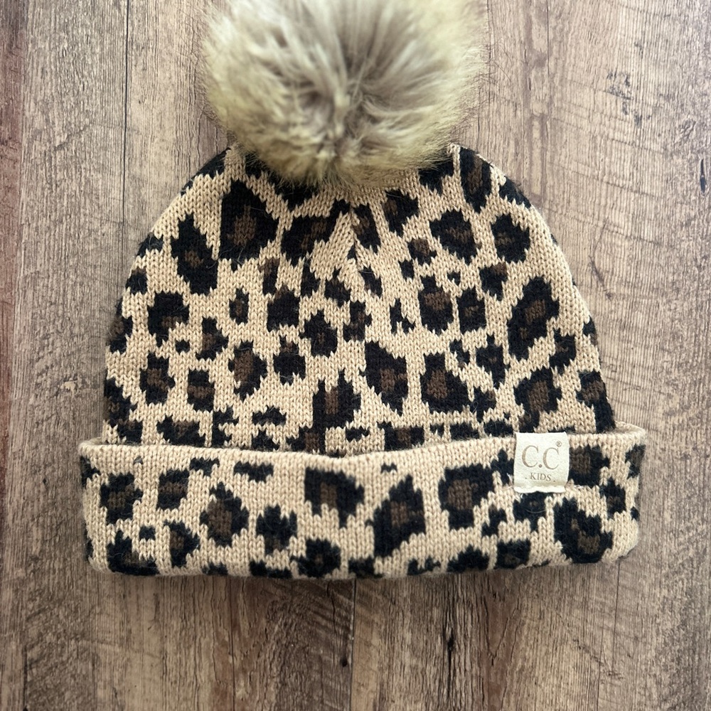 C.C Kids Leopard Print Beanie with Pom Pom - Tan and Black